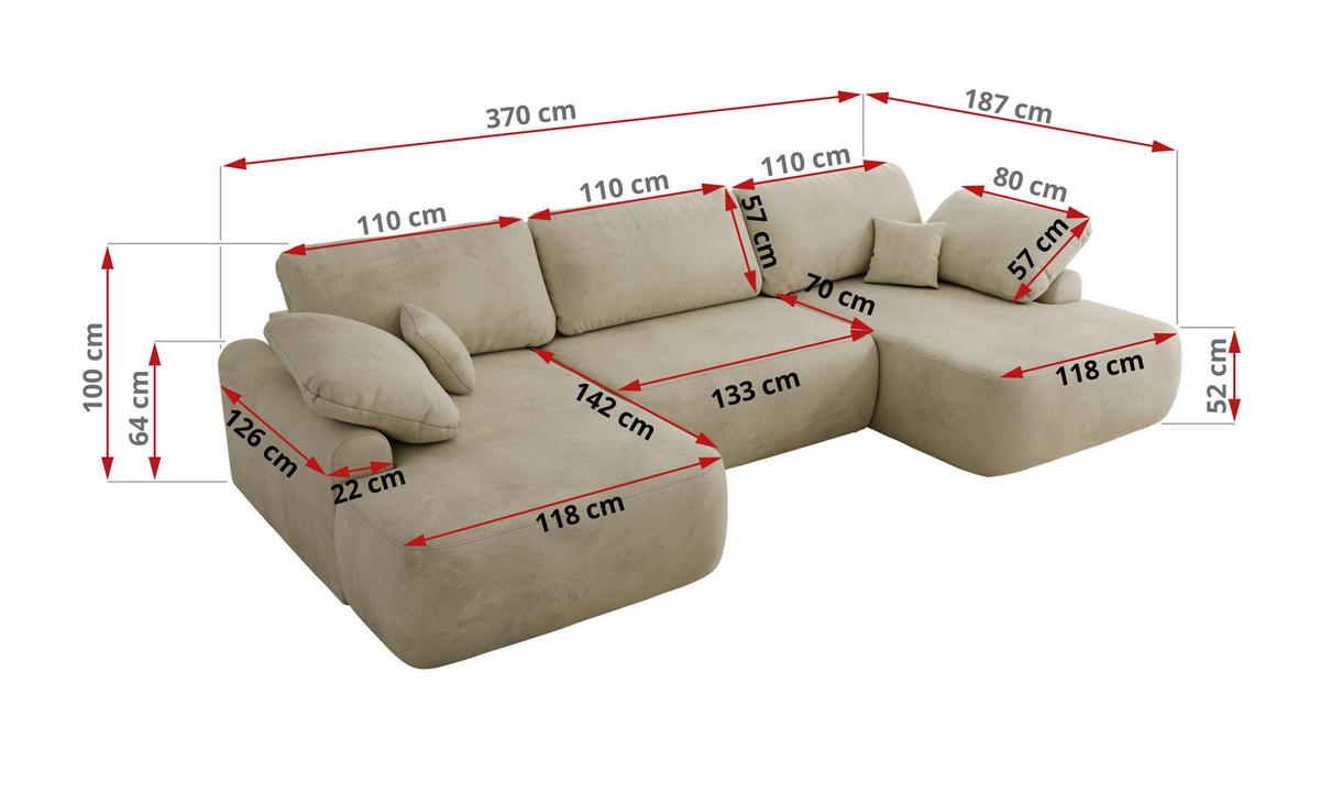 WOHNLANDSCHAFT CUBO U Beige Velvet - Beige/Schwarz, Kunststoff/Textil (370/100/187cm) - MKS