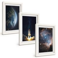 BILDER SET 3er Set - 20x30 cm Weißer Rahmen - Weltraum Erde Rakete Galaxie - Weiß, Kunststoff (20/30cm) - TULUP