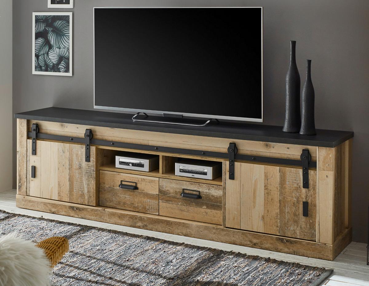 TV-LOWBOARD Used Wood hell, anthrazit 201 x 61 cm, TV Unterteil in Komforthöhe - Anthrazit/Schwarz, Holzwerkstoff/Metall (201/61/43cm) - Furn.Design