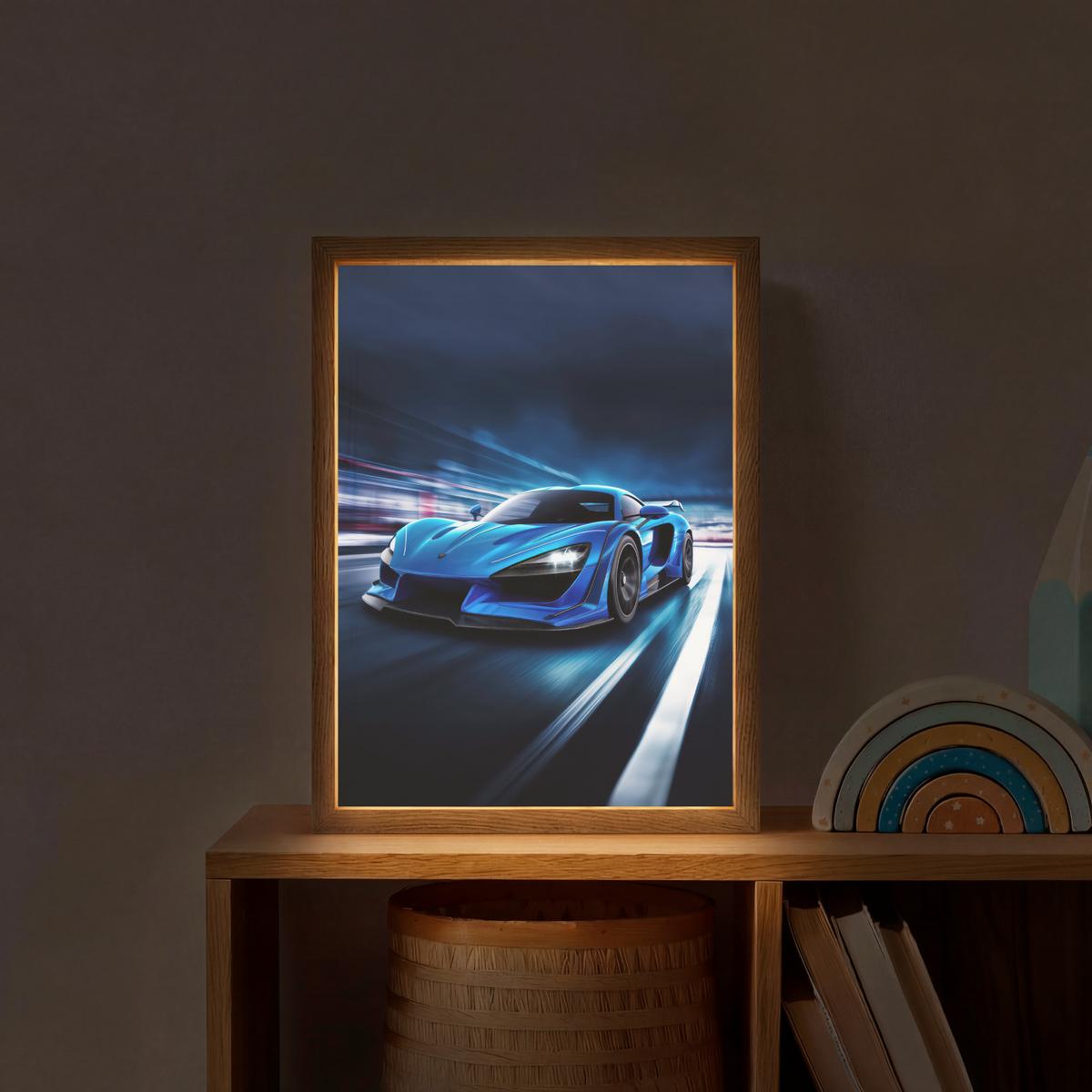 NACHTTISCHLAMPE MIT AKKU Auto - Blau - Jungen - Kind 30x40 cm - Blau, Holzwerkstoff (8/30/40cm) - OnlyWow