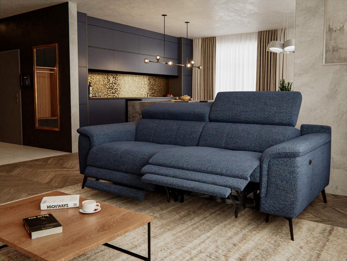 RELAXSOFA FIERO 3-Sitzer mit 2 Relaxfunktionen, dunkelblau - Schwarz/Dunkelblau, Holzwerkstoff/Textil (212/82/103cm) - Wozimo