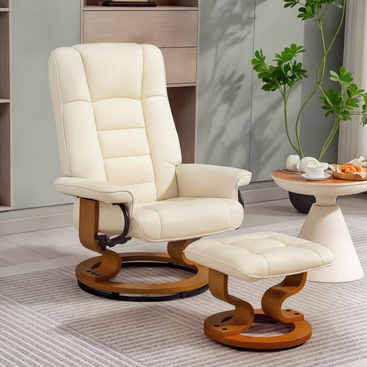 RELAXSESSEL-MIT-HOCKER 2er Set Kunstleder Holz Cremeweiß - Creme/Naturfarben, Holz/Kunststoff (85/104/76cm) - HOMCOM