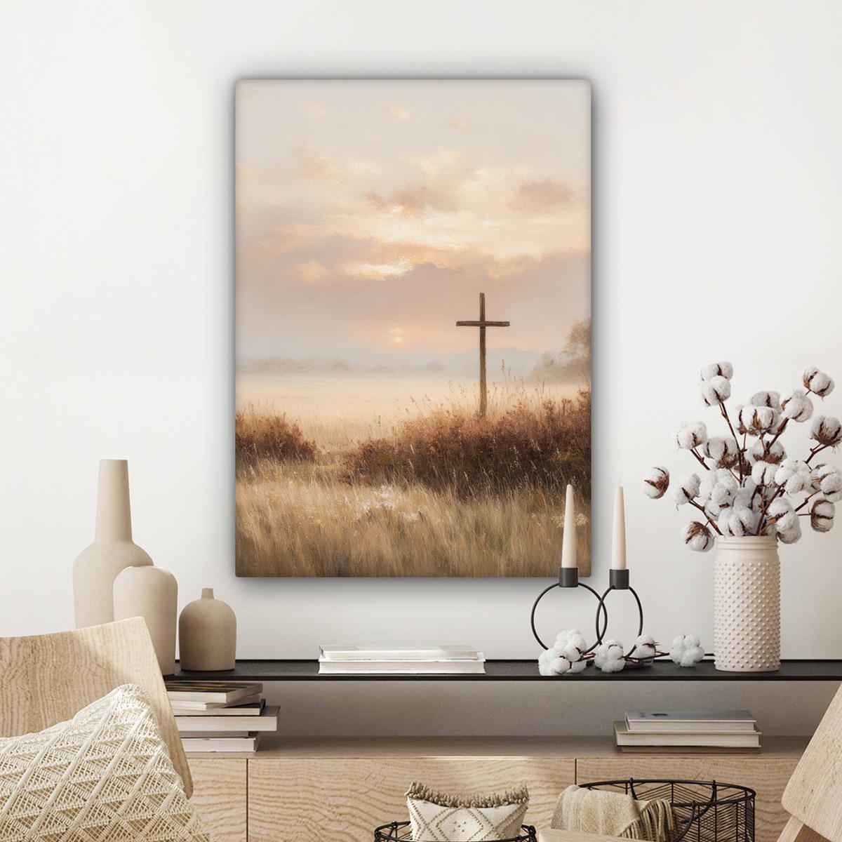 LEINWANDBILD Gras - Morgennebel - Kreuz - Christentum Wandbild Wohnzimmer 60x80 cm - Beige, Textil (60/80cm) - MuchoWow