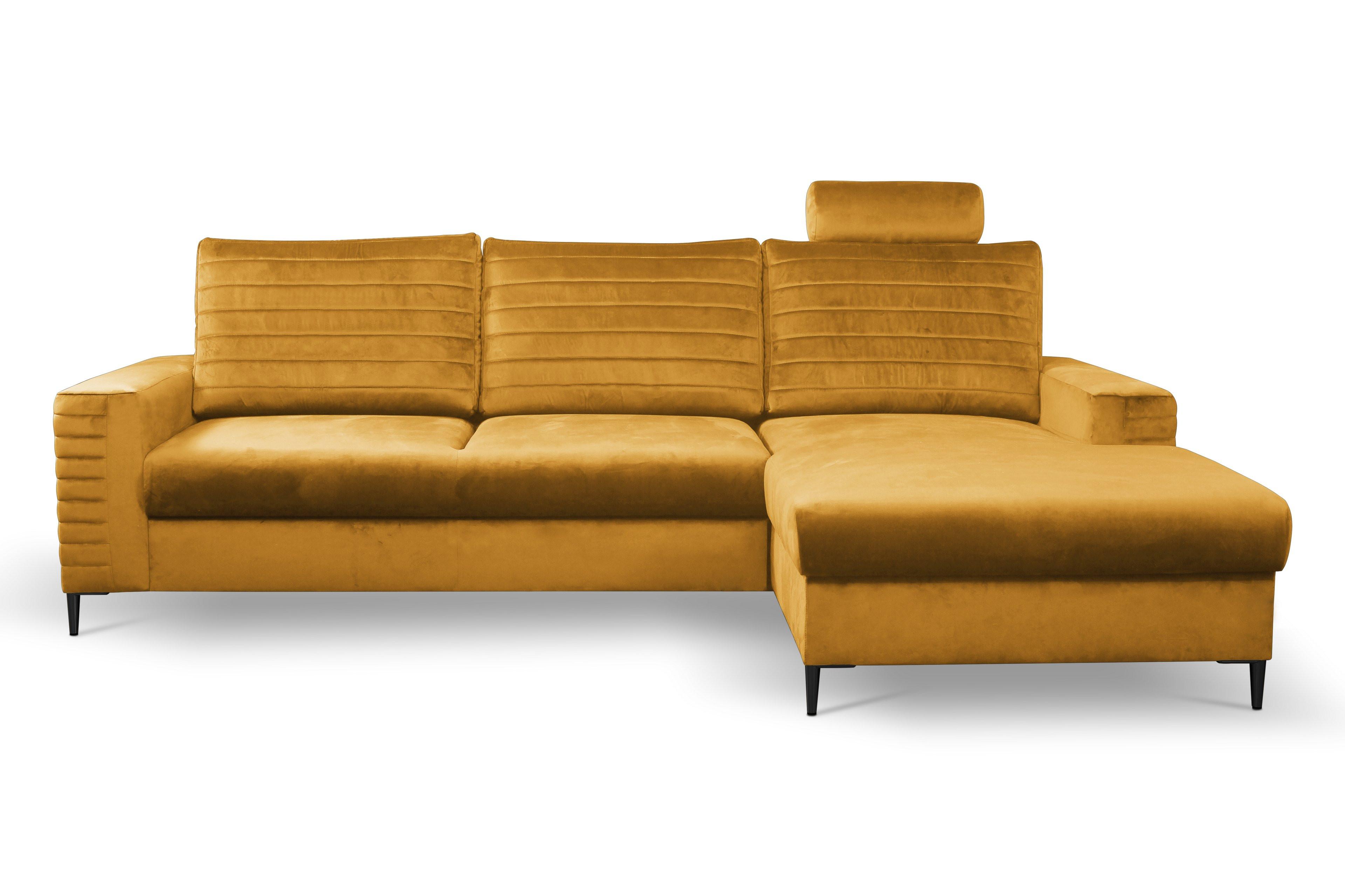 ECKSOFA GRIFO R-S Gelb Velours-Stoff mit Schlaffunktion - Gelb, Holz (253/165cm) - MASSENO