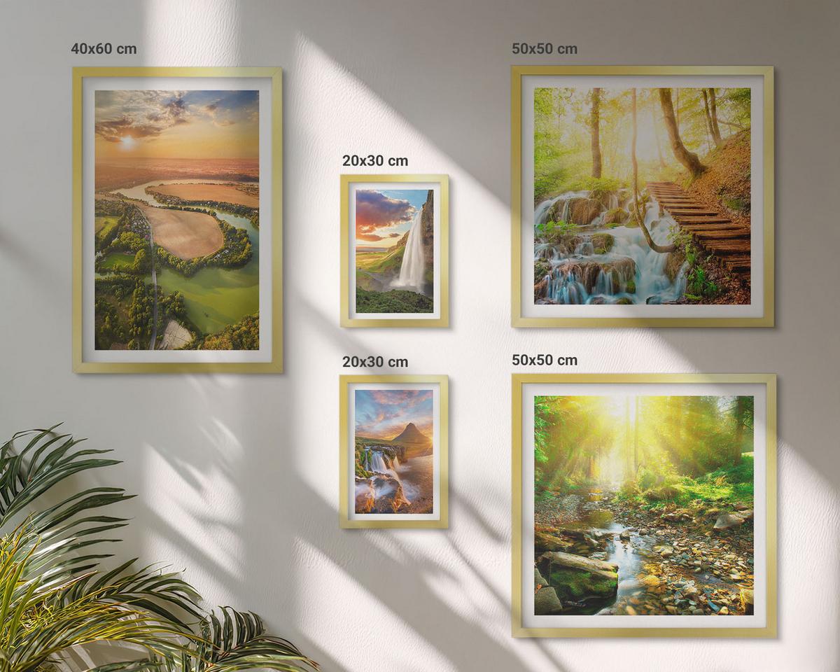 BILDER SET 5er Set - 50x50 cm & 20x30 cm & 40x60 cm Goldrahmen - Orange Mountain Wasserfall - Goldfarben, Kunststoff (40/60cm) - TULUP