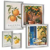 BILDER SET 5er Set - 50x50 cm & 20x30 cm & 40x60 cm Silberner Rahmen - Zitronenorange Blütenmuster - Silberfarben, Kunststoff (40/60cm) - TULUP