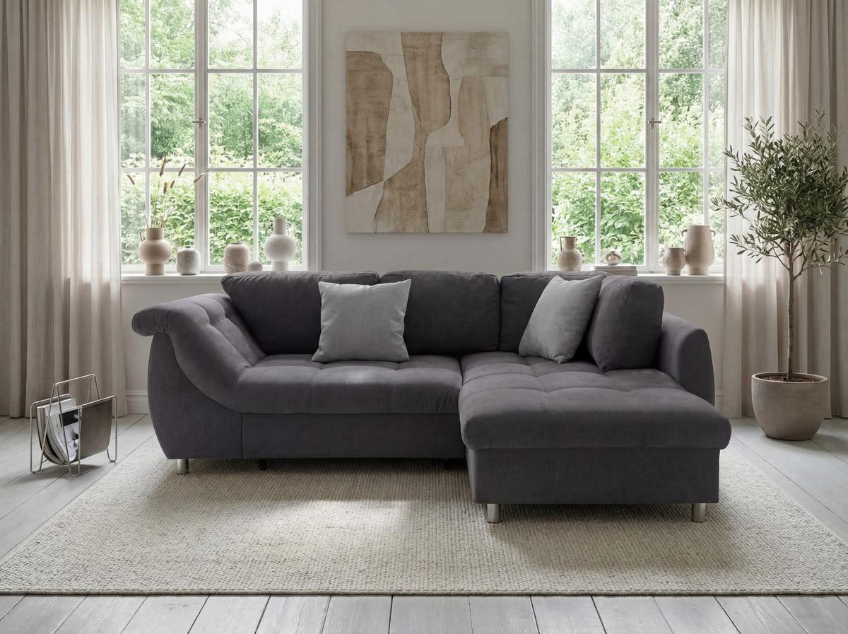 ECKSOFA mit Schlaffunktion, Bettkasten, Wellenunterfederung, Ottomane rechts B250/T190/H84 cm, Liegefl. 179x190 cm, Mikrofaser Anthrazit / 17005 - Chromfarben/Anthrazit, Textil/Metall (250/190cm) - luma-home