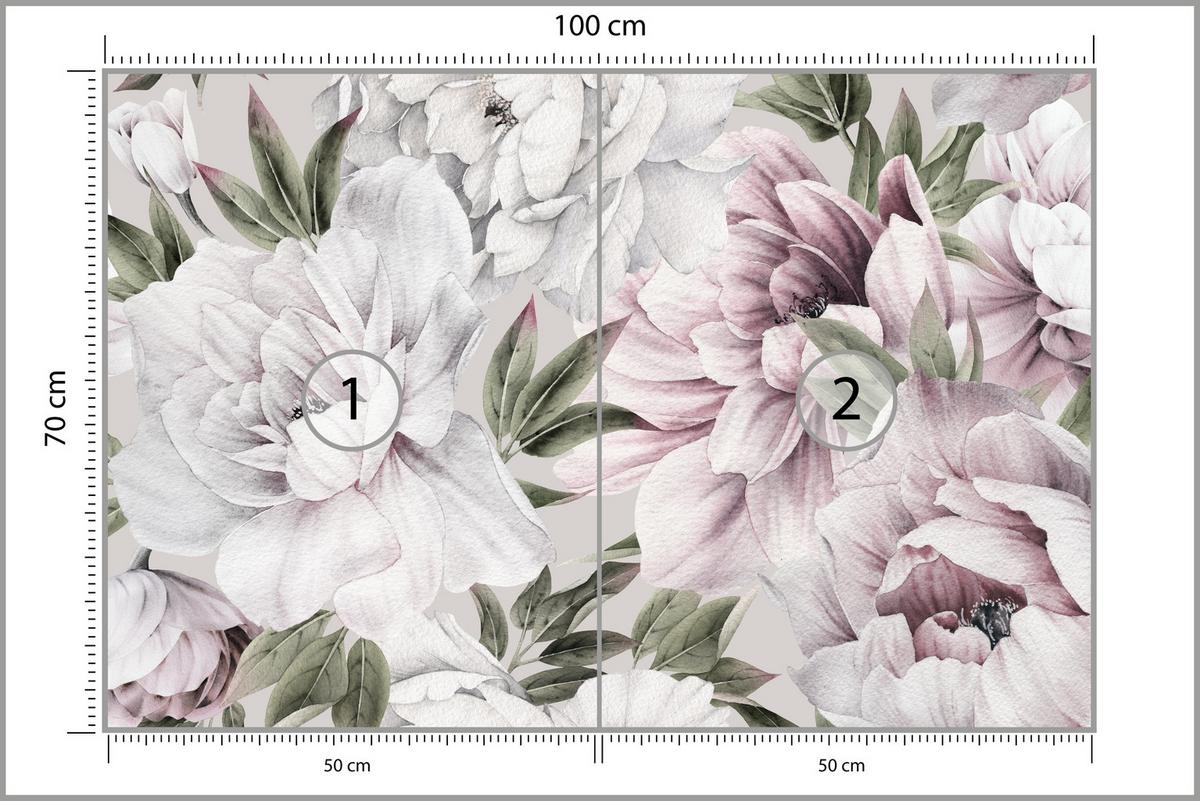 FOTOTAPETE für Schlafzimmer Pastell Pfingstrosen Boho Pflanzen 100x70 - Violett/Rosa, Papier (100/70cm) - Muralo