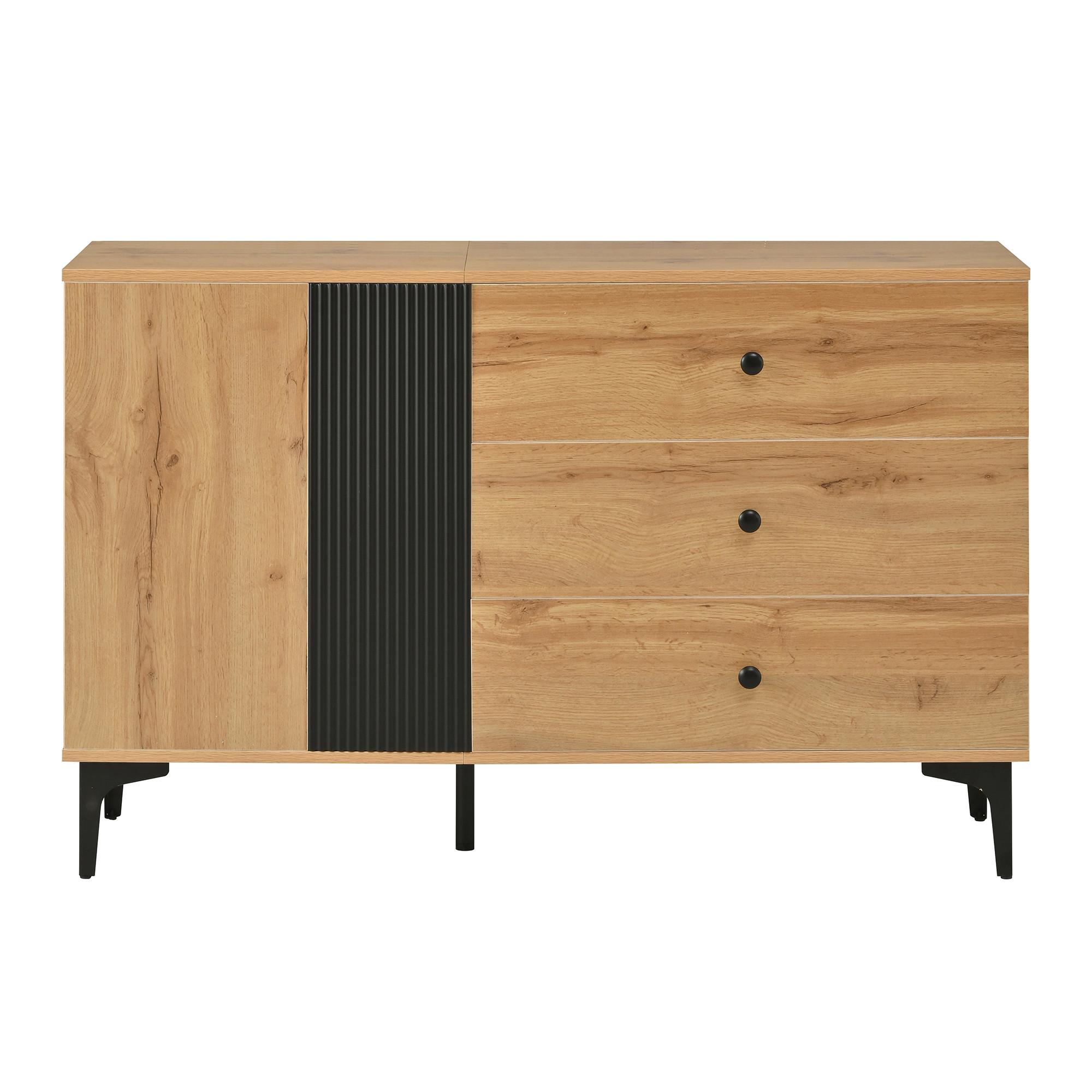 SIDEBOARD 120 cm Naturholz & Schwarz mit Tür, 3 Schubladen & Metallbeinen im skandinavischen Stil - Naturfarben, Holzwerkstoff (120/76/35cm) - Urban Meuble