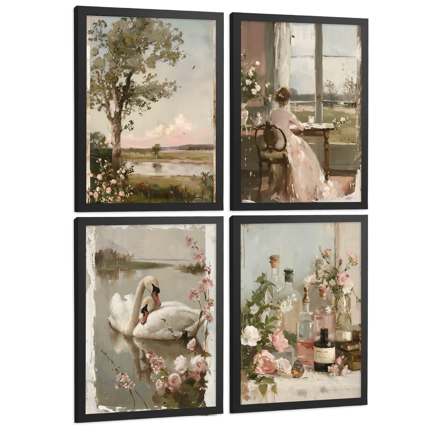 POSTER 4er Bilder-Set Wandbilder Rosen Ölmalerei modern Wohnzimmer Deko, Schlafzimmer, Küche, Badezimmer Schwarzer Rahmen A3 - Schwarz, Papier (29.7/1/42cm) - Nacnic
