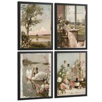 POSTER 4er Bilder-Set Wandbilder Rosen Ölmalerei modern Wohnzimmer Deko, Schlafzimmer, Küche, Badezimmer Schwarzer Rahmen A3 - Schwarz, Papier (29.7/1/42cm) - Nacnic