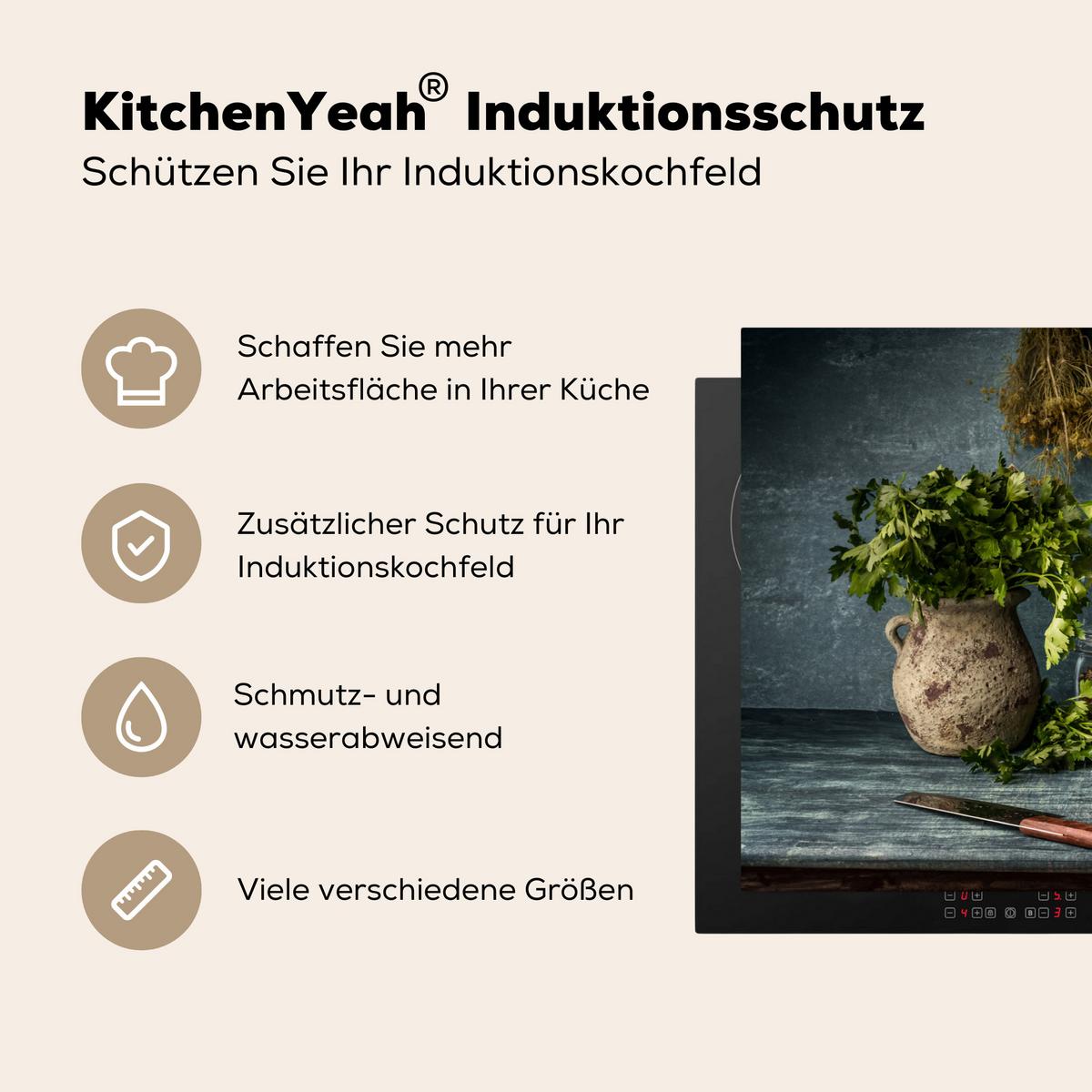 HERDABDECKPLATTE Kräuter - Gewürze - Pfanne - Messer - Grau - Rustikal Induktionsschutz 91.6x52.7 cm - Petrol, Kunststoff (91.6/52.7/0.2cm) - MuchoWow