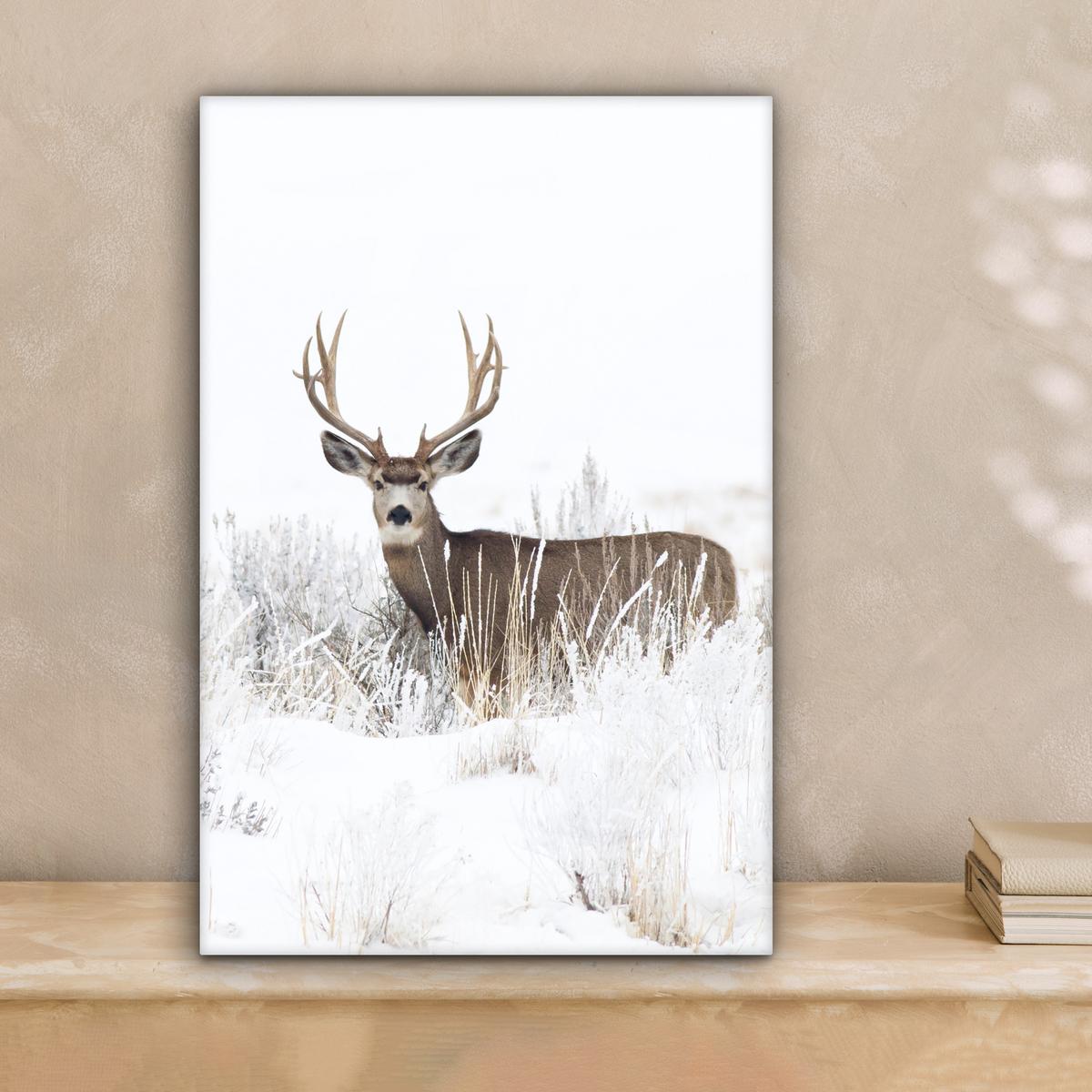 LEINWANDBILD Hirsche - Winter - Schnee - Tiere - Jahreszeiten - Weiß Deko Wohnzimmer 20x30 cm - Hellbraun, Textil (20/30cm) - MuchoWow