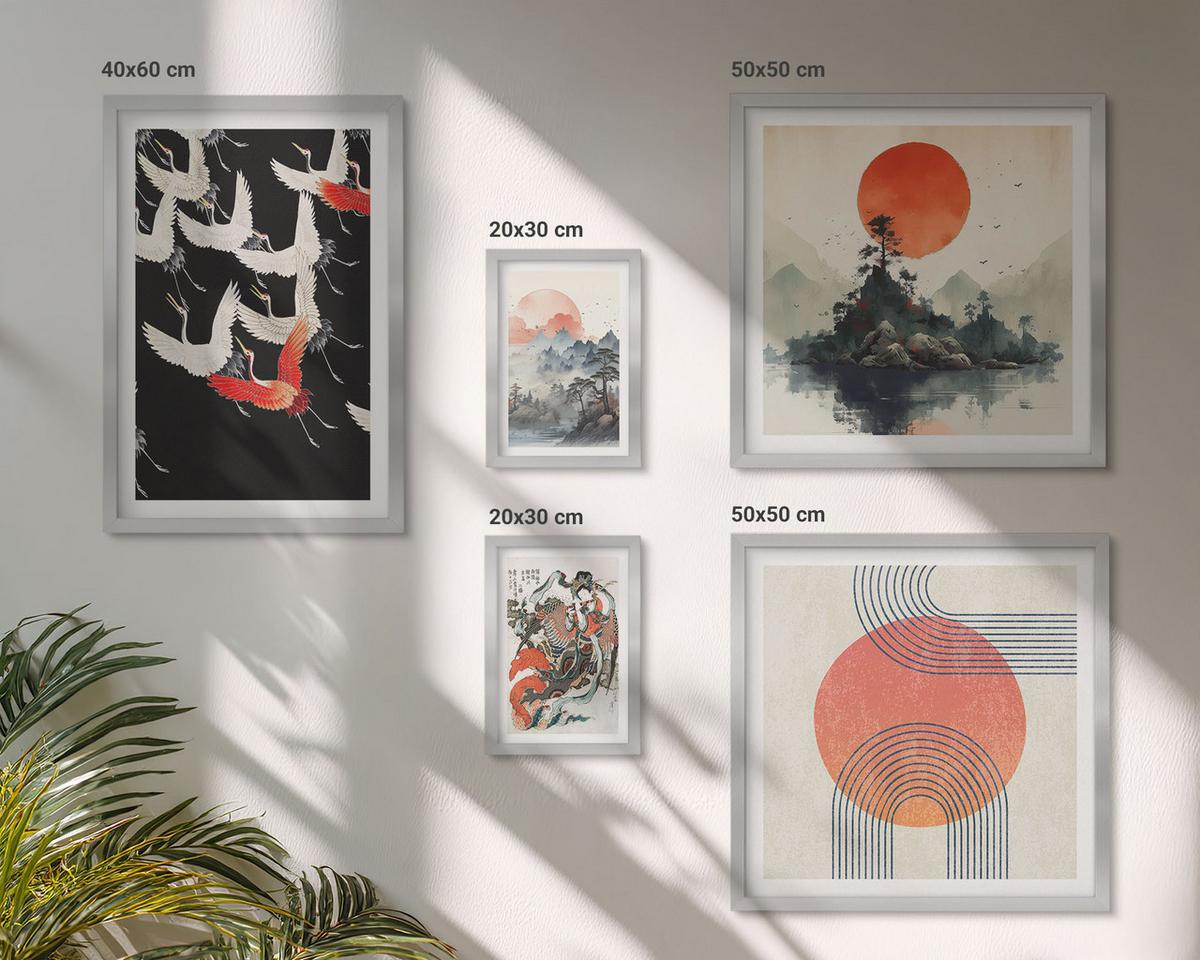 BILDER SET 5er Set - 50x50 cm & 20x30 cm & 40x60 cm Silberner Rahmen - Asiatische Landschaften Japandi - Silberfarben, Kunststoff (40/60cm) - TULUP