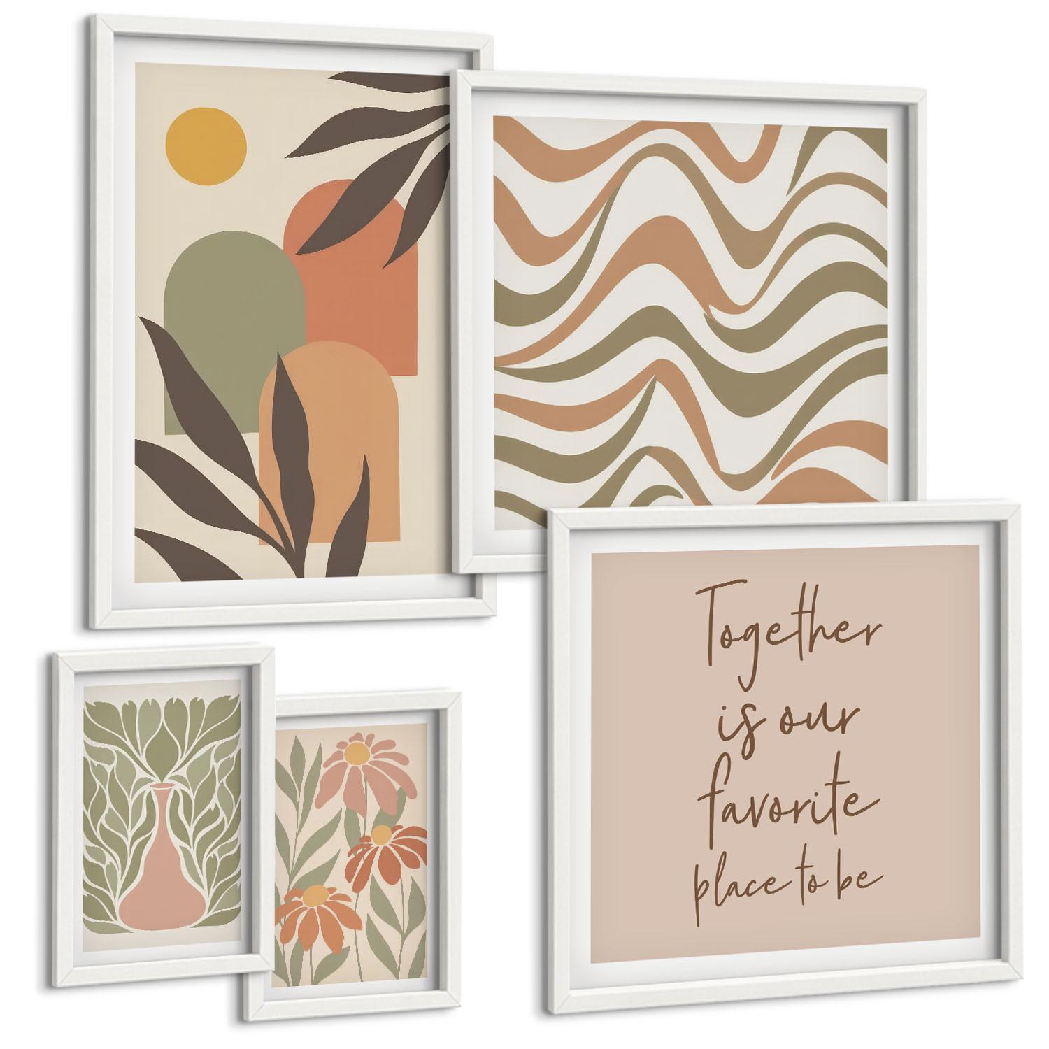 BILDER SET 5er Set - 50x50 cm & 20x30 cm & 40x60 cm Weißer Rahmen - Abstrakte Pastellblumen - Weiß, Kunststoff (40/60cm) - TULUP