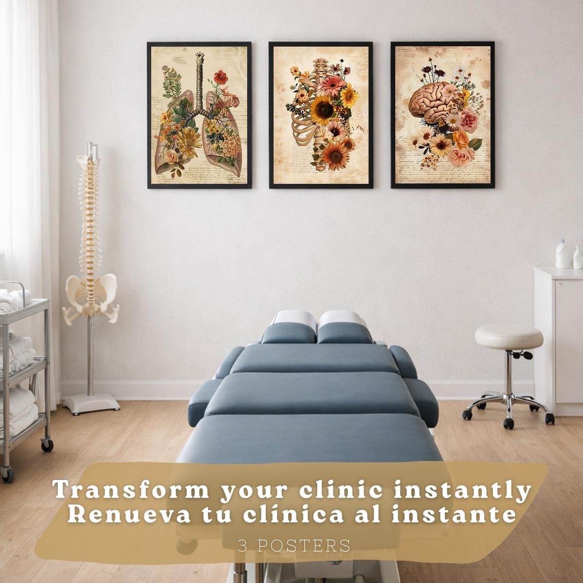 POSTER Set aus 3 Anatomie Mensch Florale Drucke und Wandbilder mit Lungen Brustkorb und Gehirn Botanischer Antiker Stil Größe Schwarzer Rahmen A4 - Schwarz, Papier (21/29.7/3cm) - Nacnic