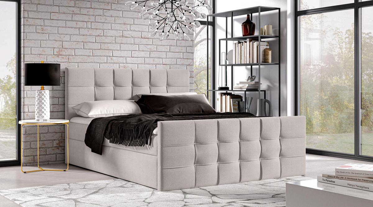 BOXBETT Ambusio 140/200 cm in Beige – mit Bettkasten + TOPPER - Beige/Schwarz, Holz/Holzwerkstoff (140/200cm) - AX Living