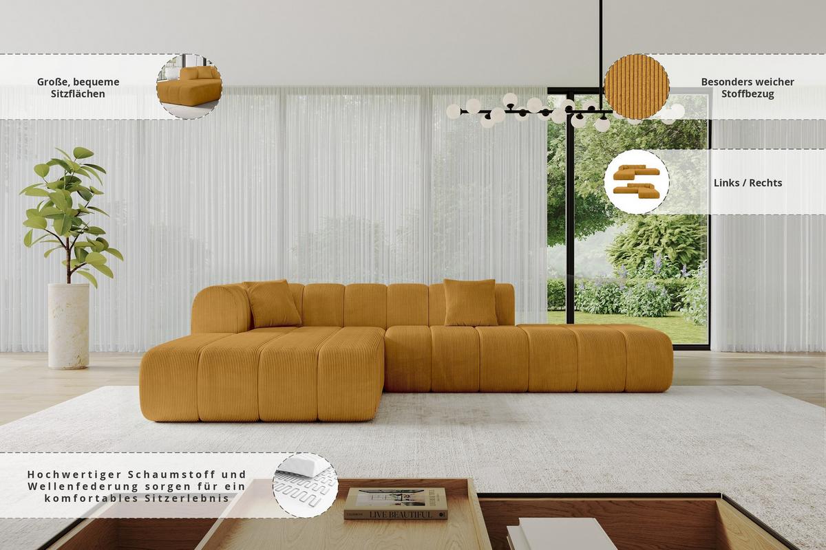 ECKSOFA Ottomane Links BILA-L 289x176x71 Senfgelb Cord - Currygelb/Dunkelgelb, Holzwerkstoff/Kunststoff (176/289cm) - ALTDECOR