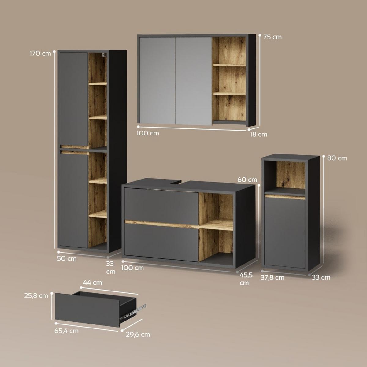 BADMÖBEL-SET Vomano Anthrazit 4 Teile - Anthrazit, Holzwerkstoff (100/60/45cm) - Livinity®