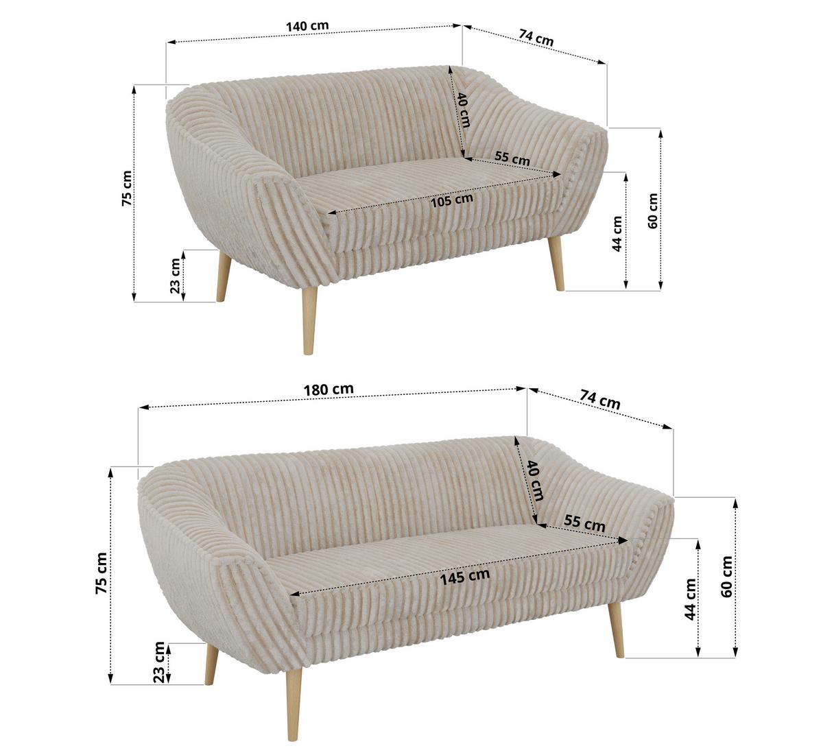 SITZGARNITUR PIRS 3+2 - Beige Cord - Holzbeine - Beige/Buchefarben, Holzwerkstoff/Textil (180/75/74cm) - MKS