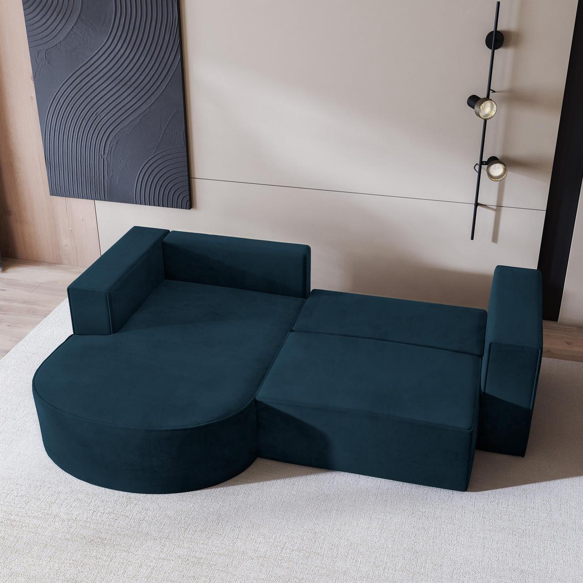ECKSOFA SORELA M L-S Blau Velours-Stoff mit Schlaffunktion - Blau, Holz (263/174cm) - MASSENO