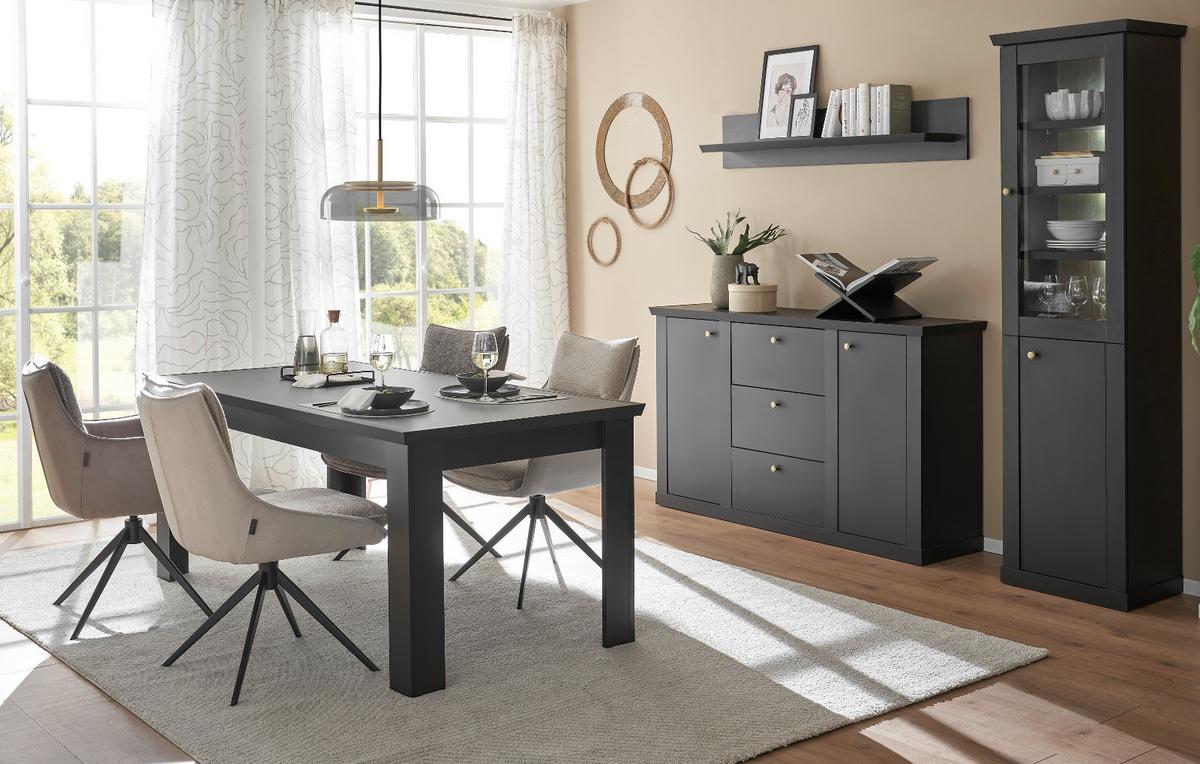 BUFFET schwarz matt, Eiche 158 cm, Buffetschrank Landhaus mit Soft-Close - Eichefarben/Messingfarben, Glas/Holzwerkstoff (158/201/42cm) - Furn.Design
