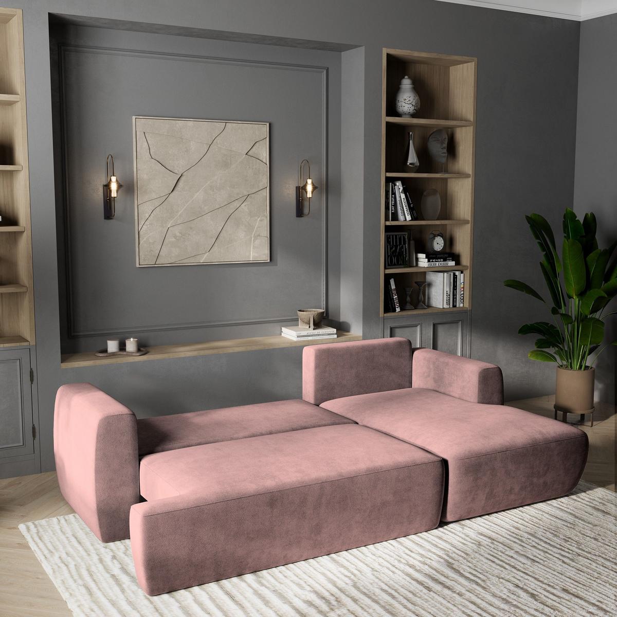 ECKSOFA SENTI K R-S Rosa Plüsch-Stoff mit Schlaffunktion - Schwarz/Rosa, Holz/Kunststoff (246/148cm) - MASSENO