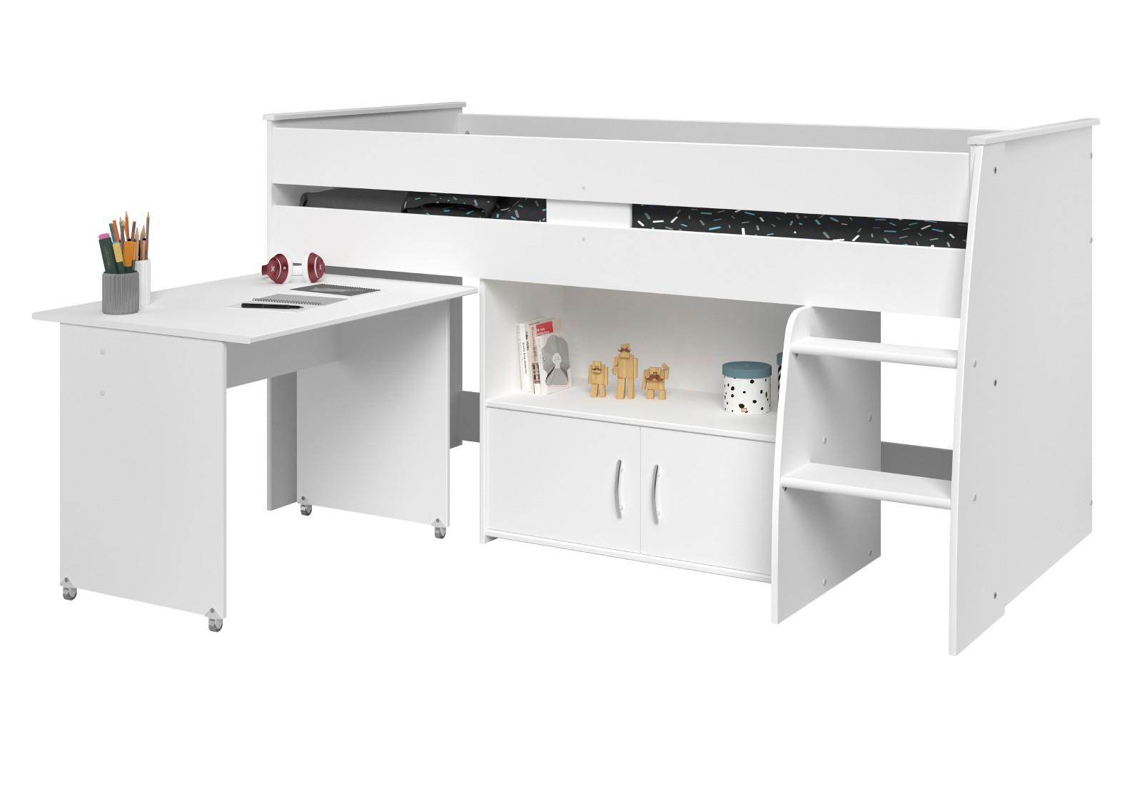 HOCHBETT weiß Jugendzimmer Bett 90 x 200 mit Schreibtisch ausziehbar - Silberfarben/Weiß, Holz/Holzwerkstoff (90/200cm) - Parisot Meuble