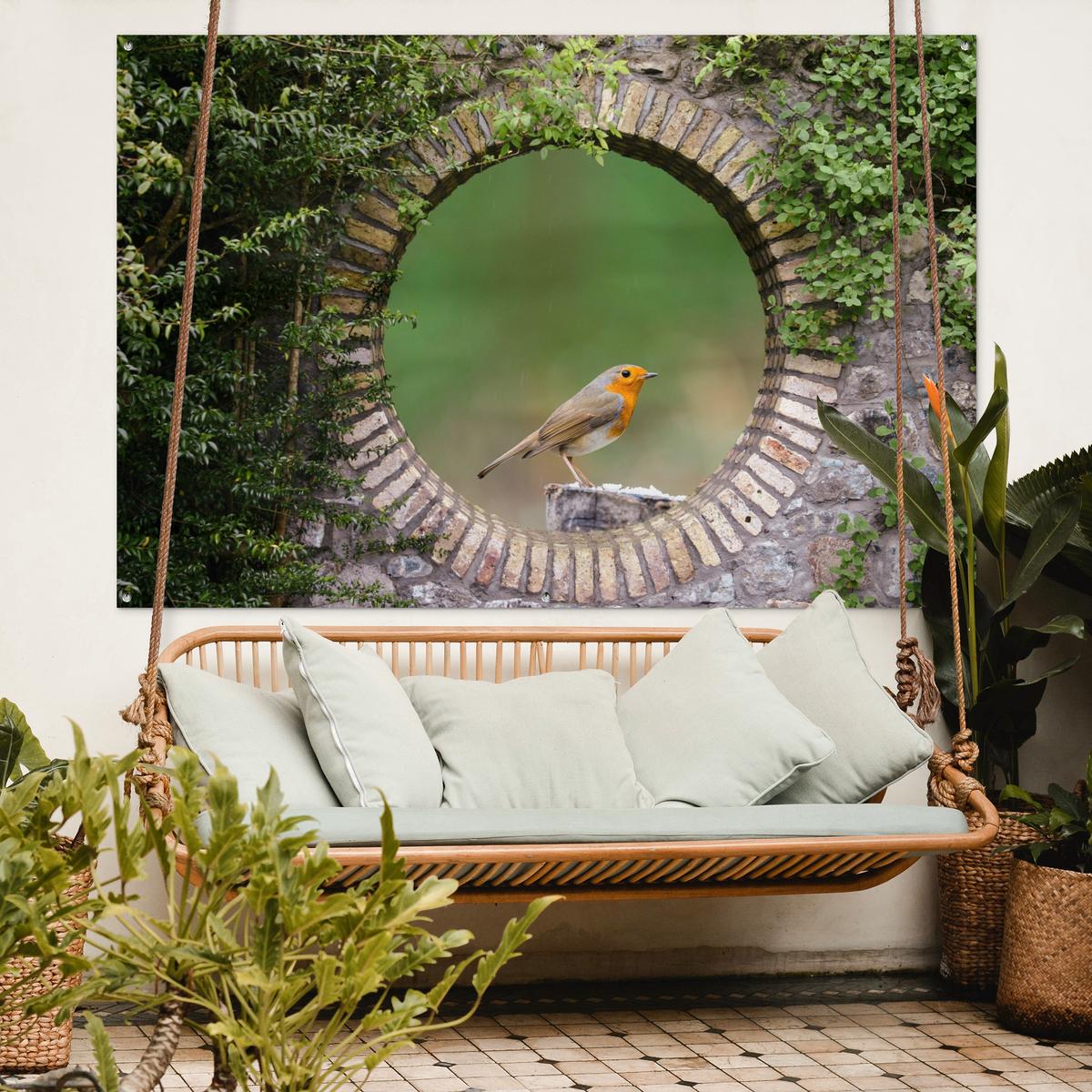 GARTENPOSTER Vogel - Durchblick - Rotkehlchen Poster für draußen 180x120 cm - Grün, Kunststoff (180/120/0.2cm) - OnlyWow