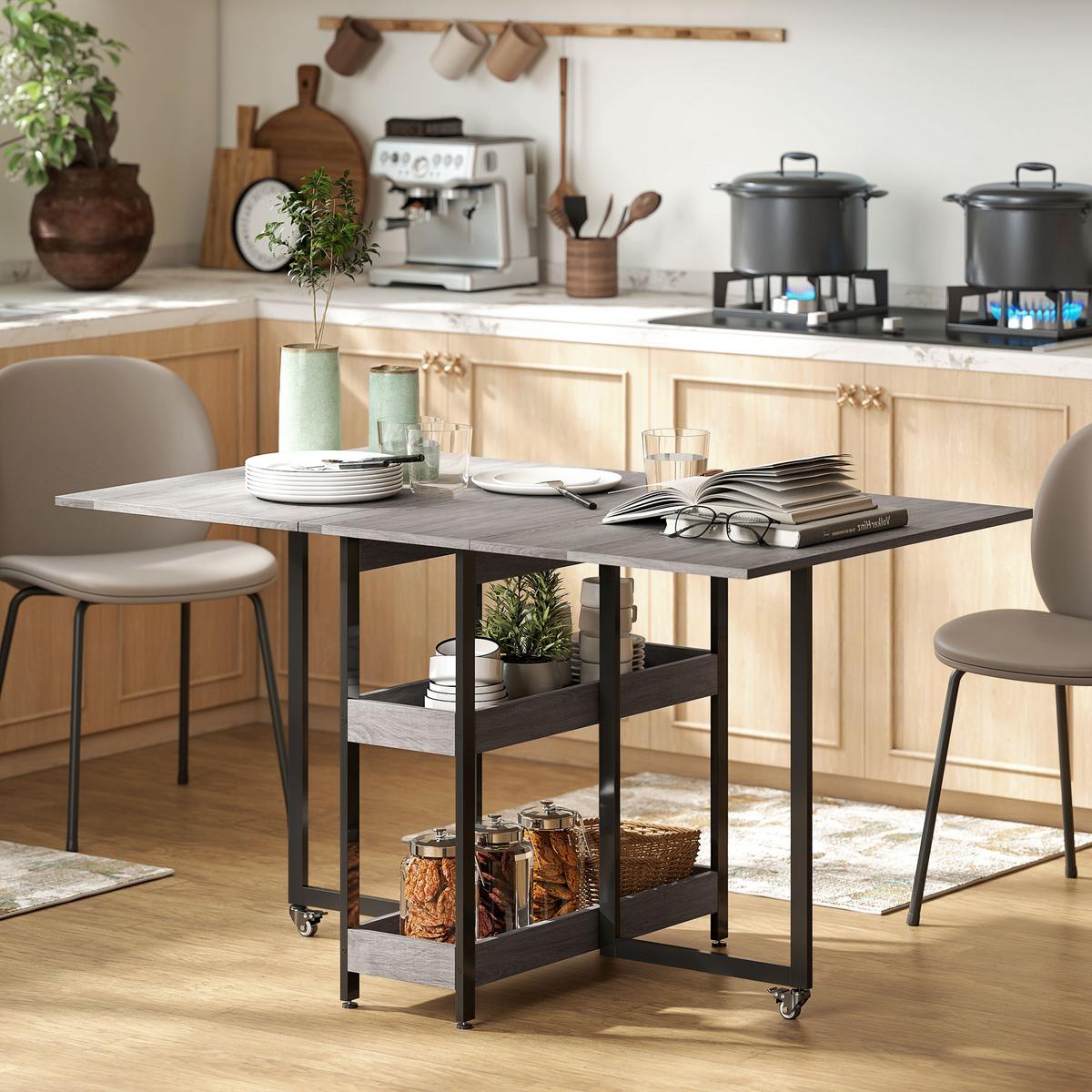 ESSTISCH Klappbar Küchentisch für 2-4 Personen mit 2 Offenen Ablagen, Rollen - Grau, Holz (133.4/80/75cm) - HOMCOM