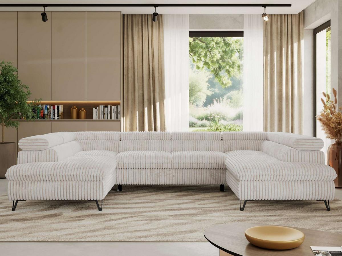 WOHNLANDSCHAFT PABLO U Cord Beige mit Topper Visco - Beige/Schwarz, Textil/Metall (346/76/208cm) - MKS