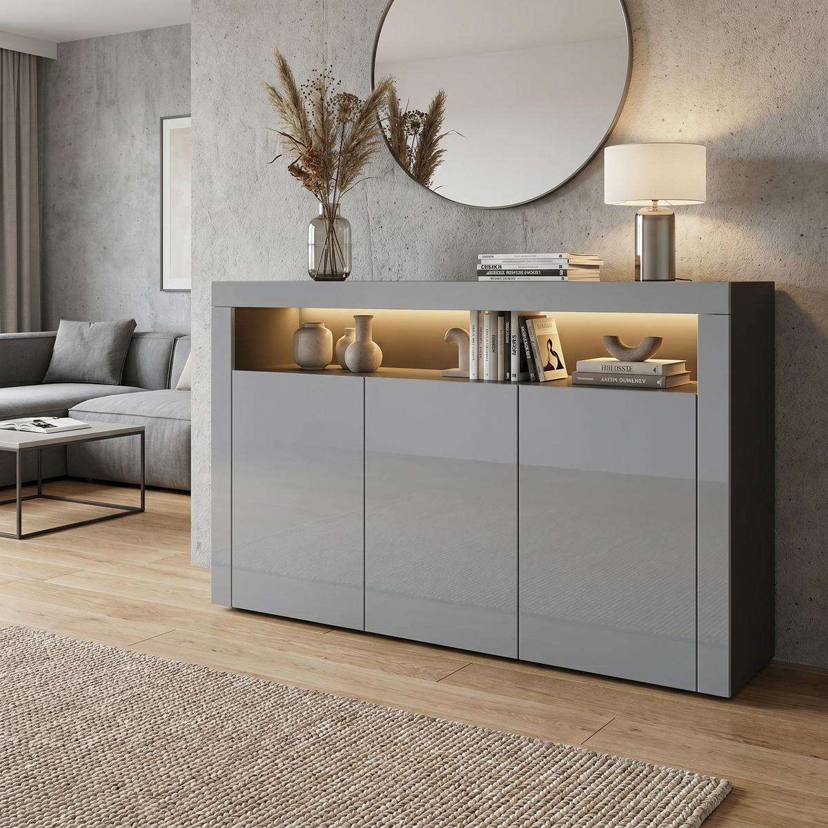 SIDEBOARD Valencia Grau Hochglanz / Grau Hochglanz - Grau, Holzwerkstoff (155/92/40cm) - Vladon