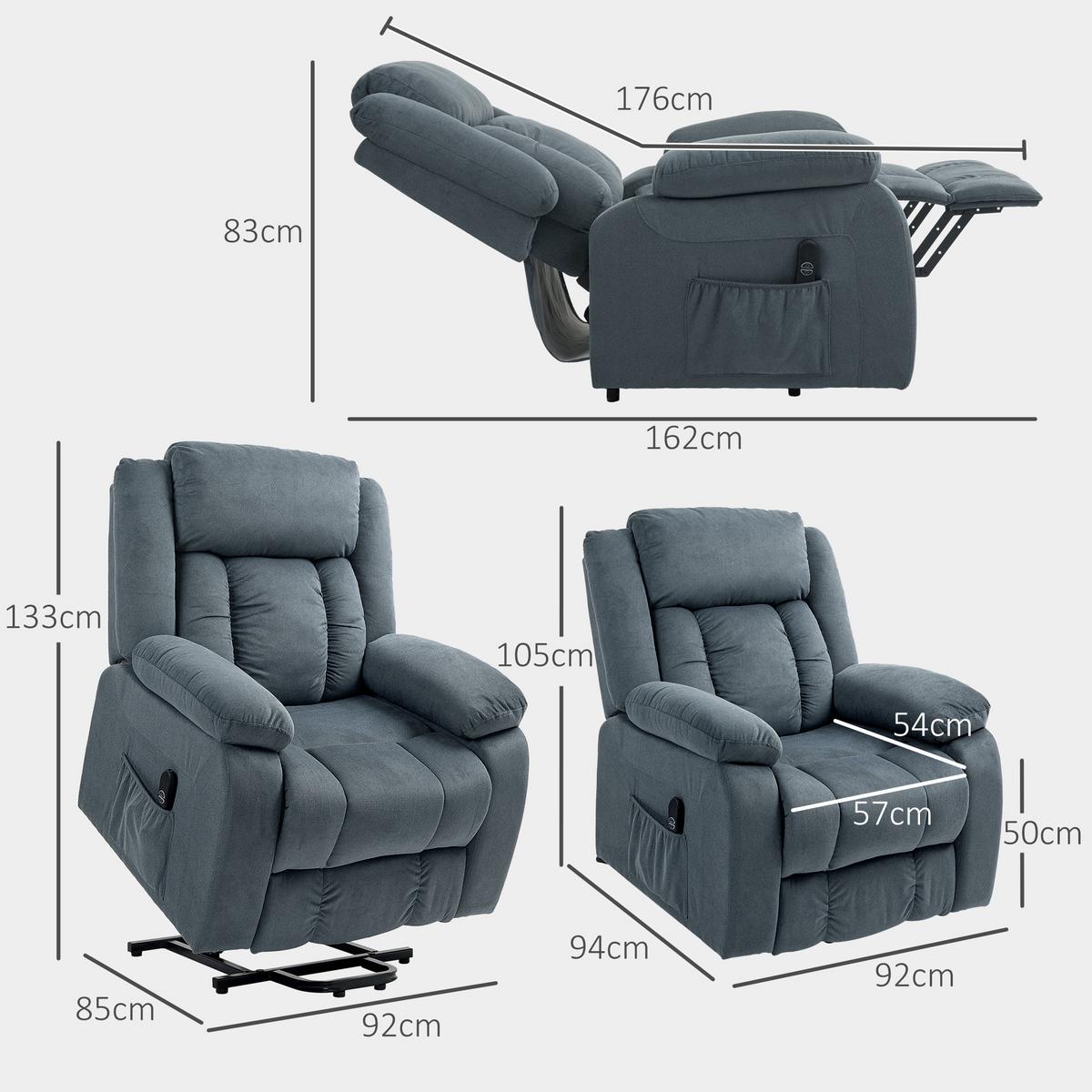FERNSEHSESSEL mit Aufstehhilfe Elektrisch Liegefunktion Samt - Schwarz/Grau, Textil/Metall (92/105/94cm) - HOMCOM