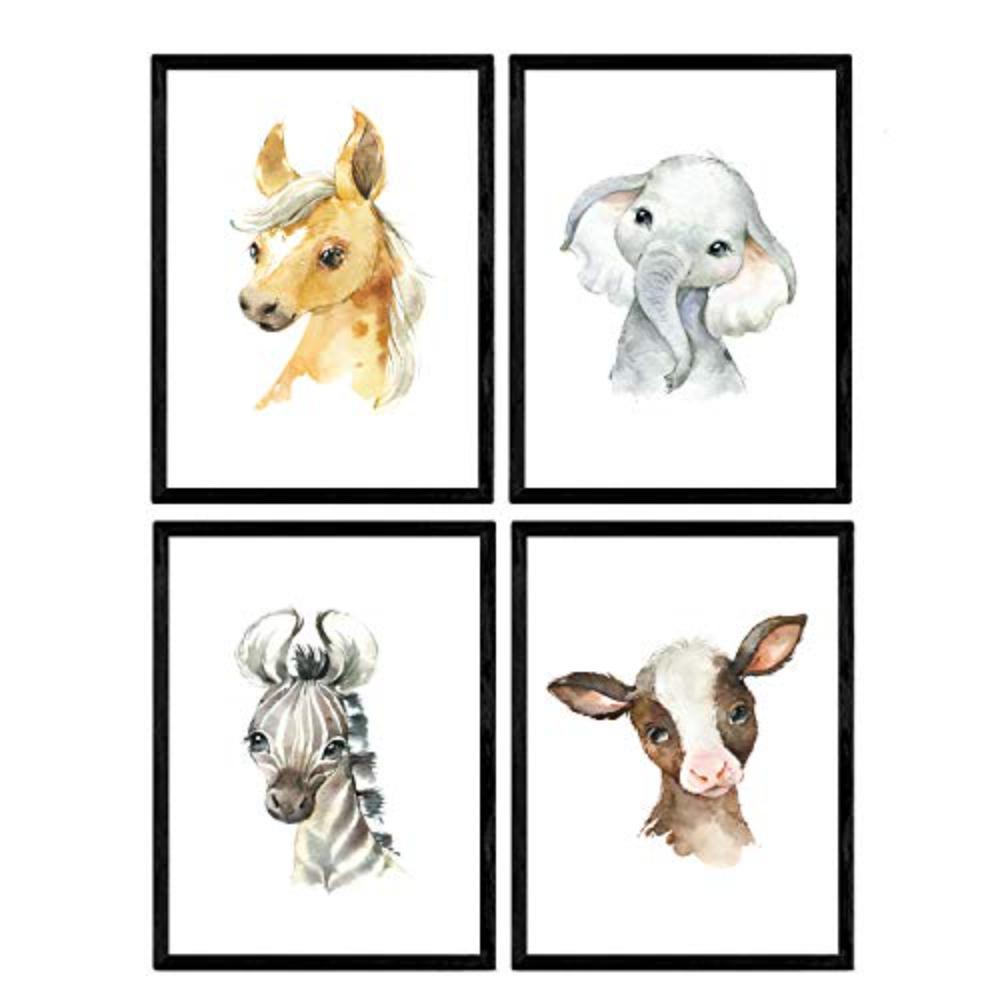POSTER Set mit 4 Elefantenkuh Pferd und Zebra A4 Schwarzer Rahmen - Schwarz, Papier (29.7/3cm) - Nacnic