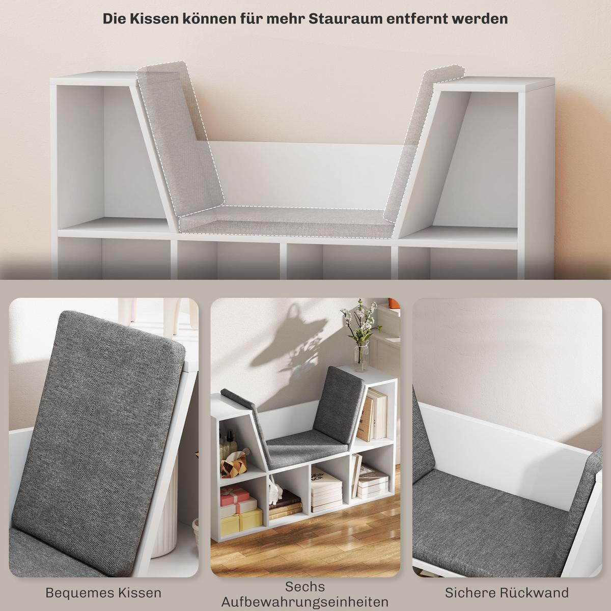 BÜCHERREGAL mit Sitzkissen, Aufbewahrungsregal mit 6 Fächern, Leinenoptik, Weiß - Weiß/Grau, Holzwerkstoff/Textil (105/63/30cm) - HOMCOM
