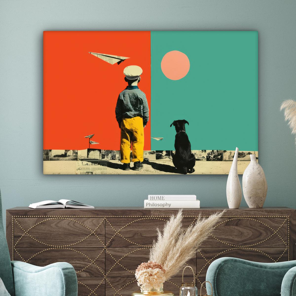 LEINWANDBILD Retro - Junge - Hund - Rot - Grün Wohnzimmer Groß 120x80 cm - Orange, Textil (120/80cm) - MuchoWow