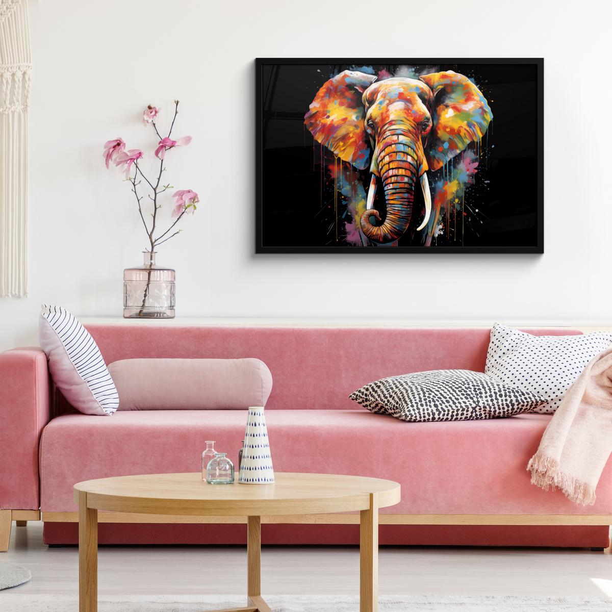 POSTER MIT RAHMENGERAHMTES BILD Elefant - Graffiti - Schwarz - Tiere - Farben 90x60 cm - Schwarz, Papier (90/60cm) - MuchoWow