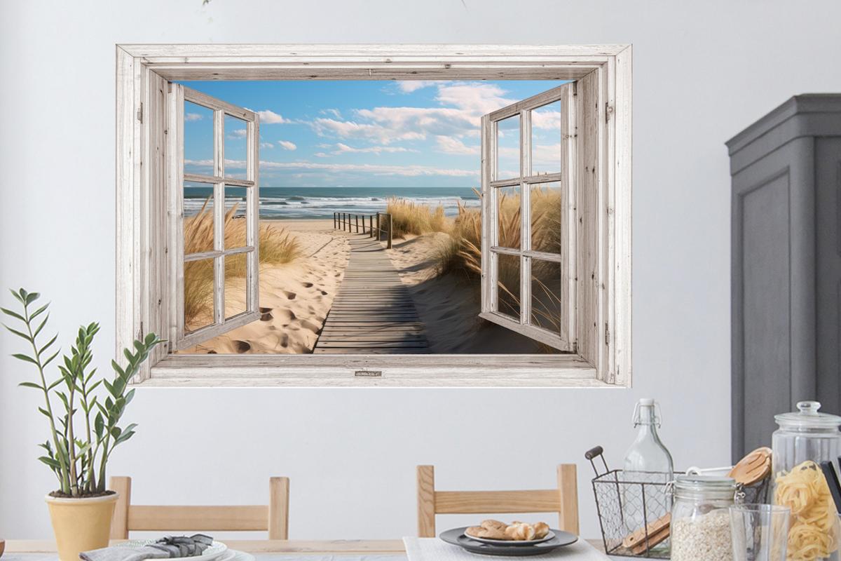 WANDTATTOO Fenster - Meer - Küste - Natur - Ausblick - Strand - Wattenmeer Wandsticker 120x80 cm - Beige, Kunststoff (120/80/0.1cm) - MuchoWow