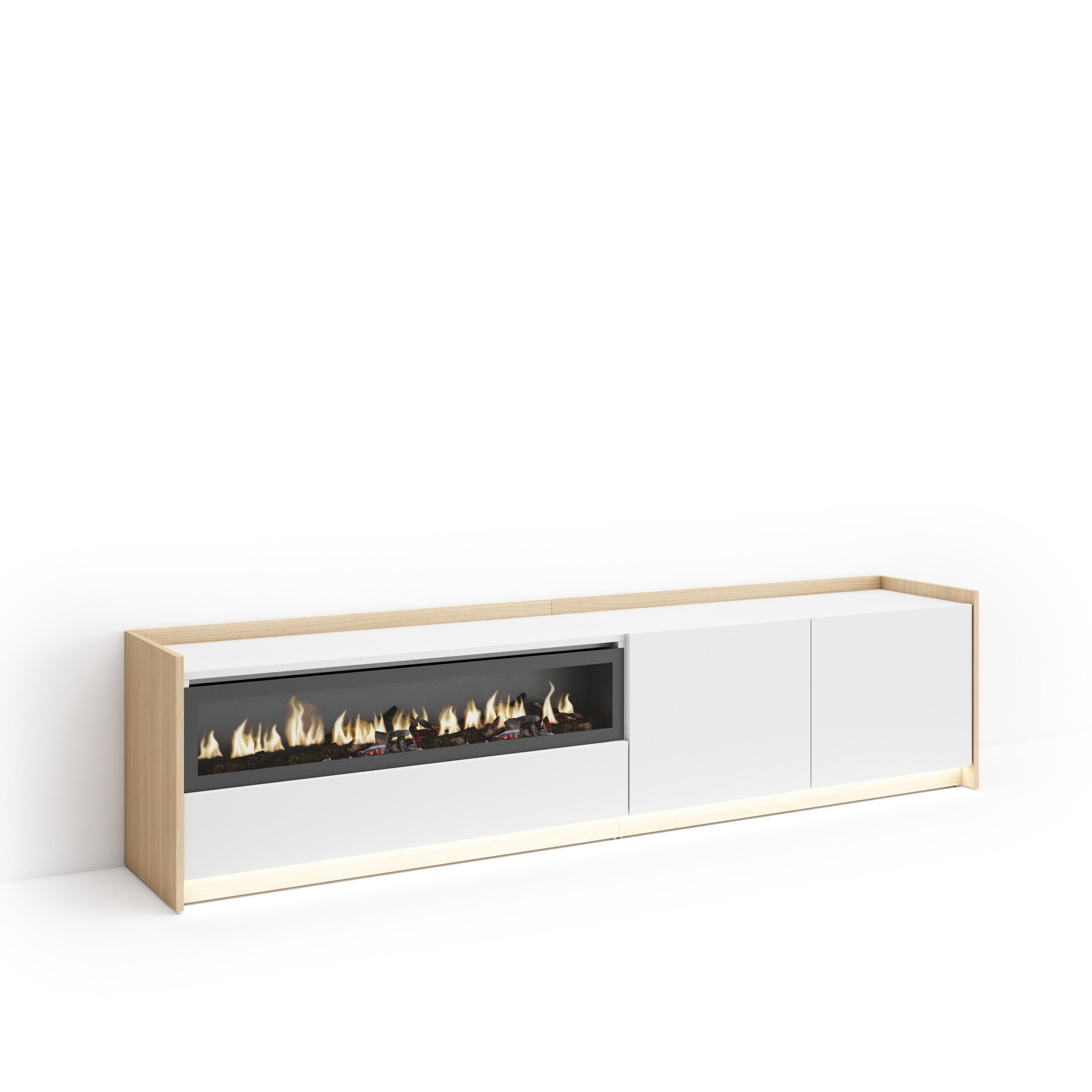LOWBOARD, Weiß und Eiche, 207/37/50cm, Kamin mit Feuereffekt - Weiß, Holzwerkstoff (207/50/37cm) - Skraut Home