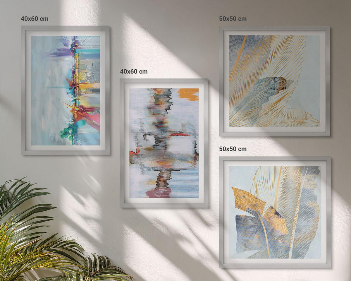 BILDER SET 4er Set - 50x50 cm & 40x60 cm Silberner Rahmen - Abstrakte Gemäldekompositionen - Silberfarben, Kunststoff (50/50cm) - TULUP