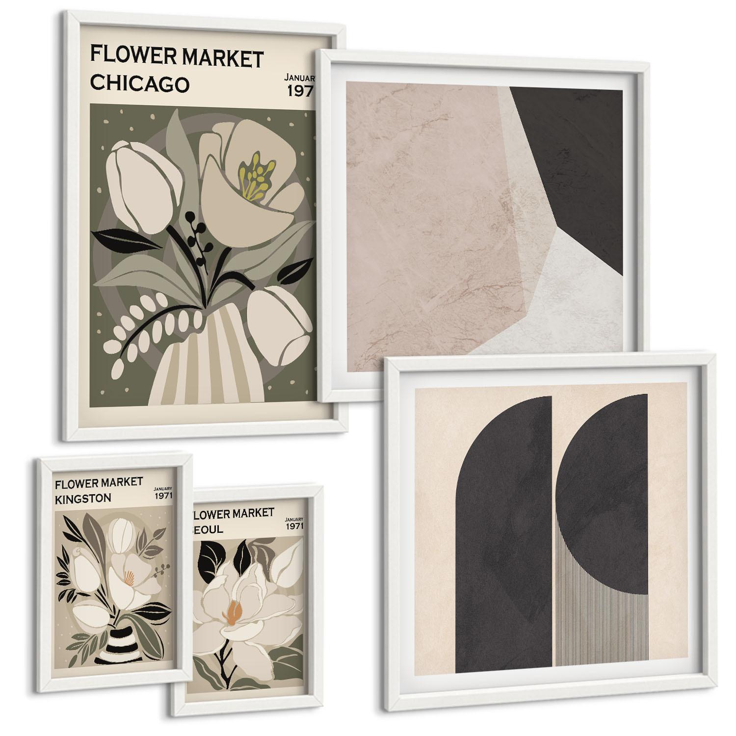 BILDER SET 5er Set - 50x50 cm & 20x30 cm & 40x60 cm Weißer Rahmen - Kingston Seoul Retro-Blumen - Weiß, Kunststoff (40/60cm) - TULUP