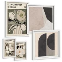BILDER SET 5er Set - 50x50 cm & 20x30 cm & 40x60 cm Weißer Rahmen - Kingston Seoul Retro-Blumen - Weiß, Kunststoff (40/60cm) - TULUP
