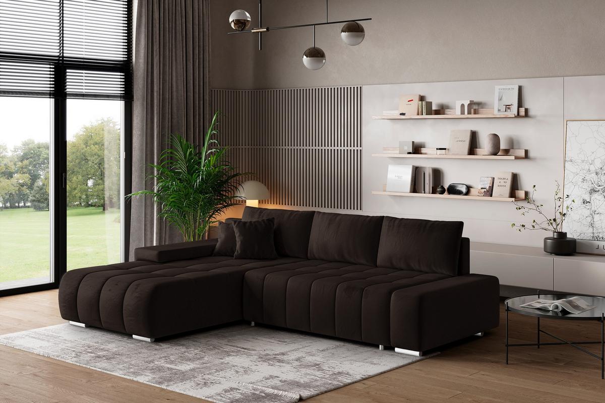 ECKSOFA ALESE L-S Braun Velours-Stoff mit Schlaffunktion - Silberfarben/Braun, Holz/Textil (265/185cm) - MASSENO