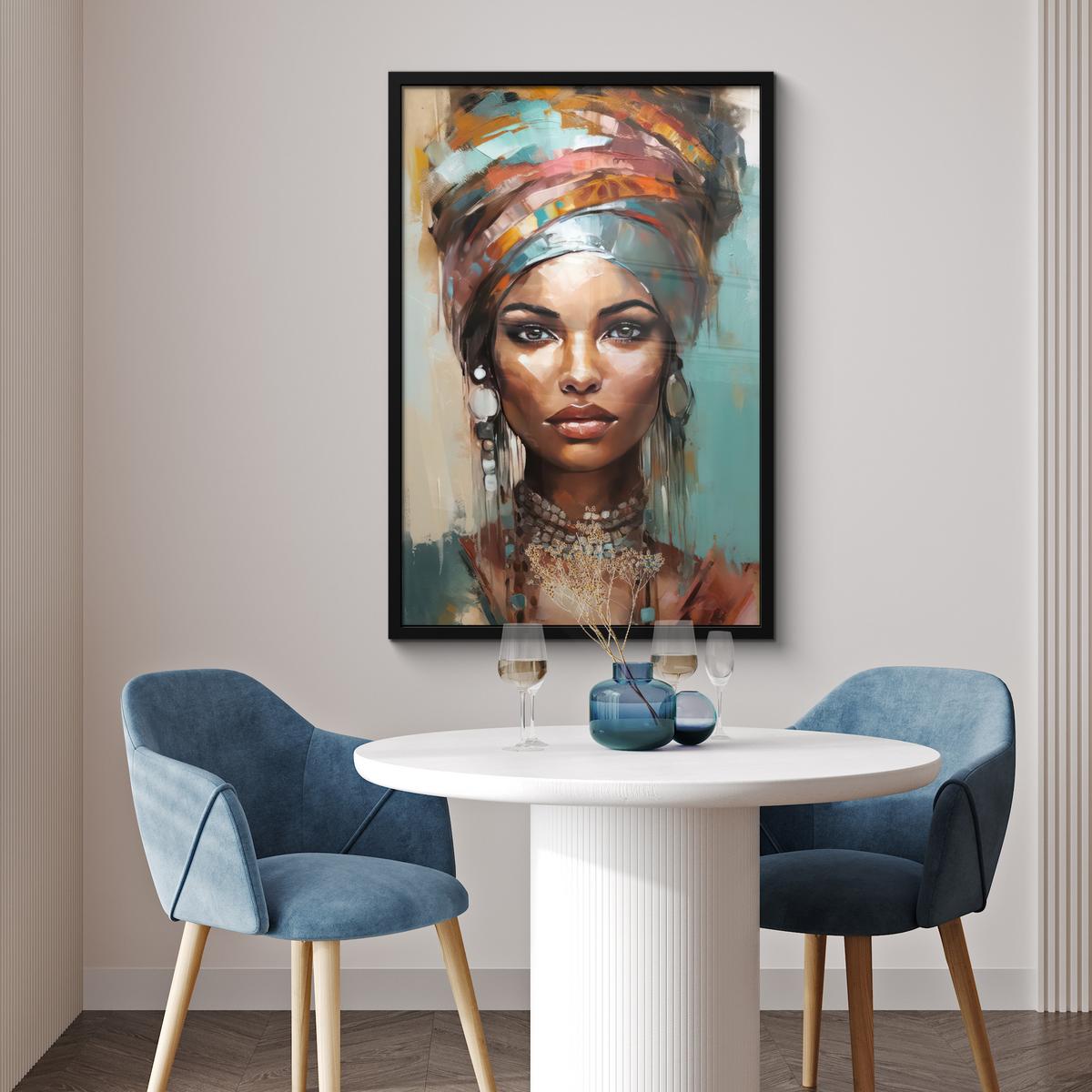 POSTER MIT RAHMENGERAHMTES BILD Frau - Kunst - Schmuck - Porträt 60x90 cm - Blaugrau, Papier (60/90cm) - MuchoWow