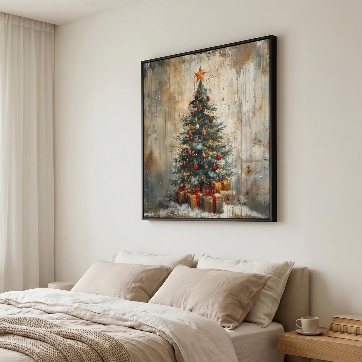 LEINWAND Bilder mit Rahmen - Weihnachtsbaum - Vintage - Weihnachten - Geschenk - 90x90 - Rostfarben, Textil (90/90cm) - MuchoWow
