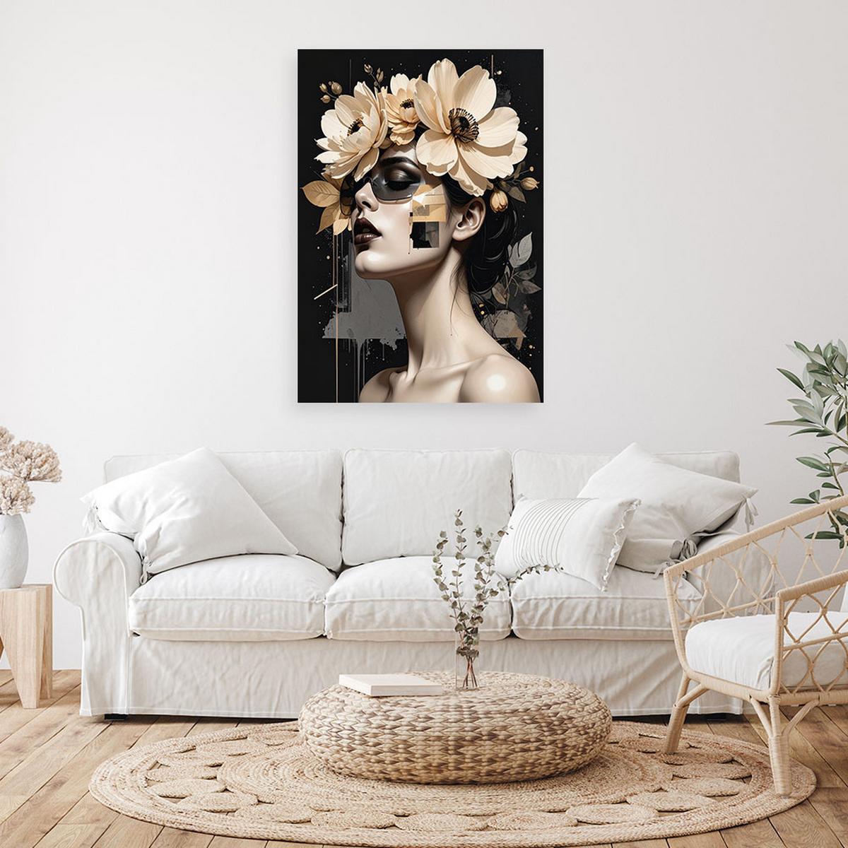 BILD auf Leinwand, Weibliches Porträt mit Blumenkrone im Glamour-Stil - Schwarz, Textil (60/90cm) - Feeby