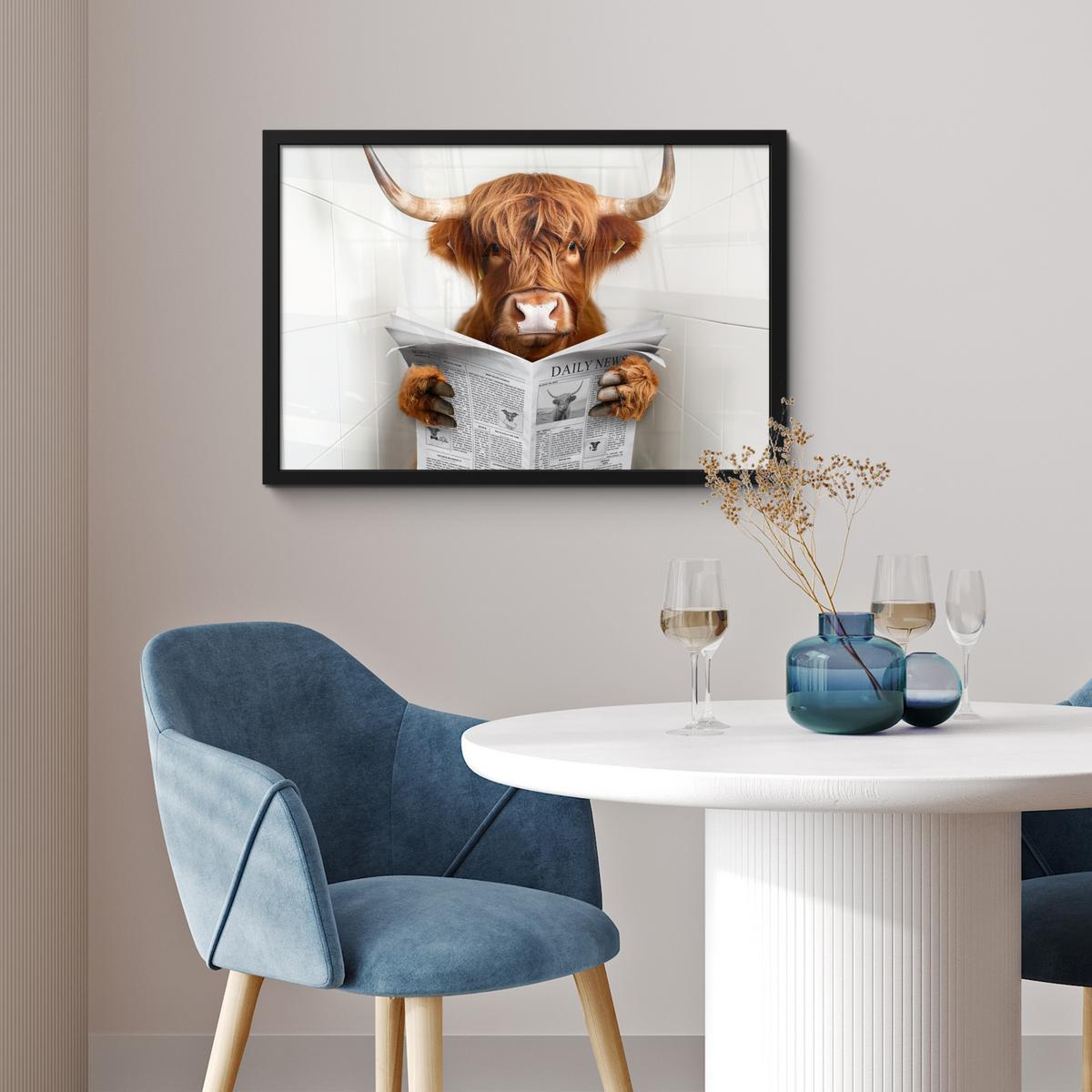 POSTER MIT RAHMENGERAHMTES BILD Schottischer Highlander - Tier - Zeitung - Toilette 60x40 cm - Kastanienfarben, Papier (60/40cm) - MuchoWow