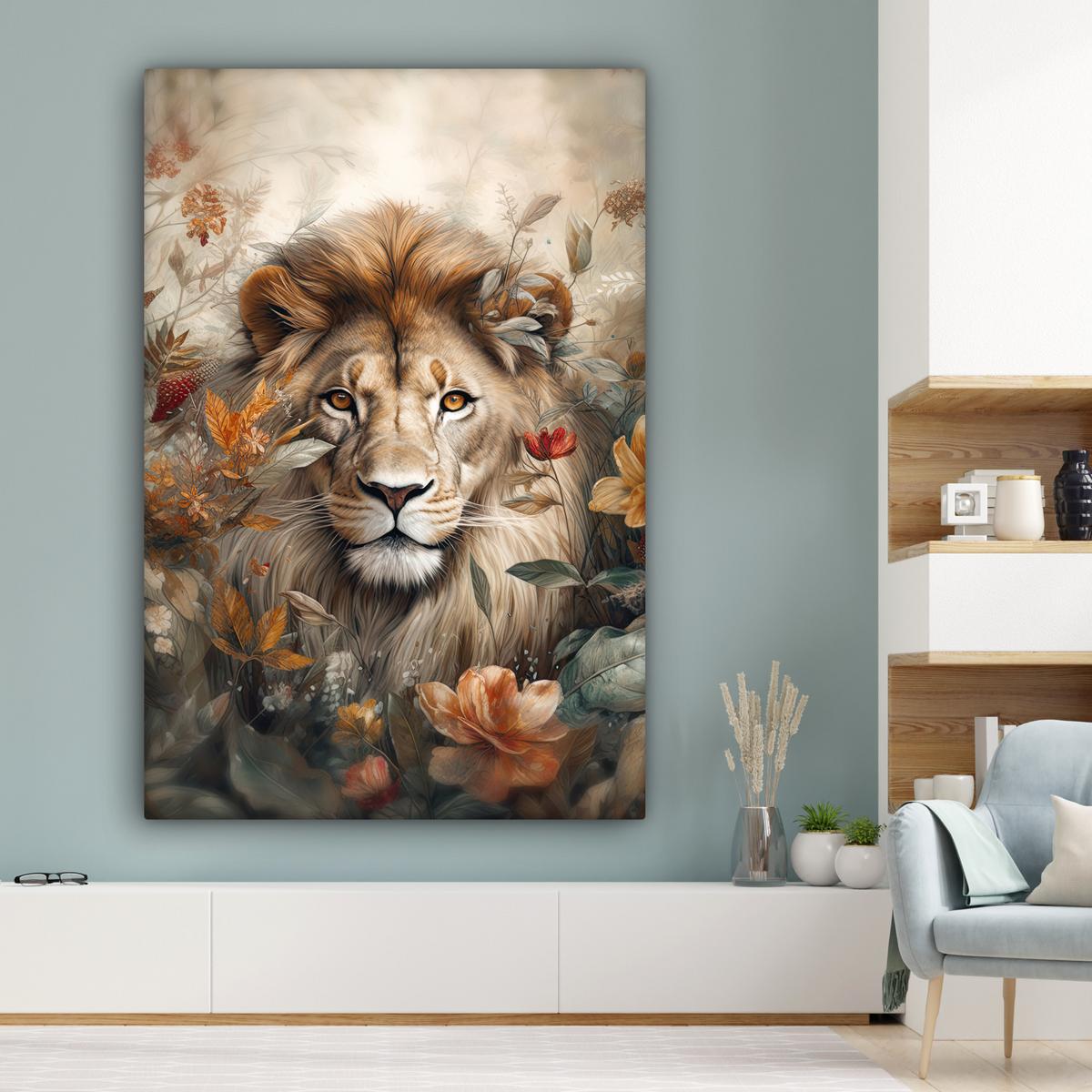 LEINWANDBILD Löwe - Wildtiere - Pflanzen - Natur - Blumen Deko Groß 90x140 cm - Beige, Textil (90/140cm) - MuchoWow