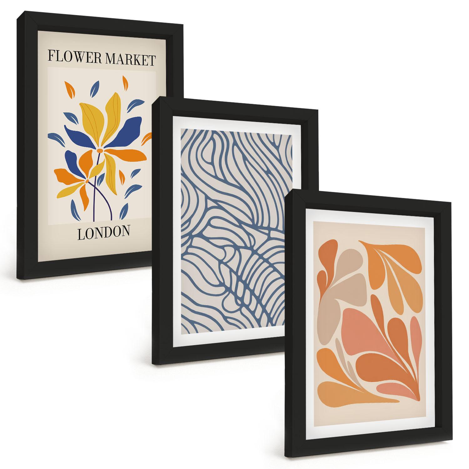 BILDER SET 3er Set - 20x30 cm Schwarzer Rahmen - Moderne abstrakte Blumen - Schwarz, Kunststoff (20/30cm) - TULUP