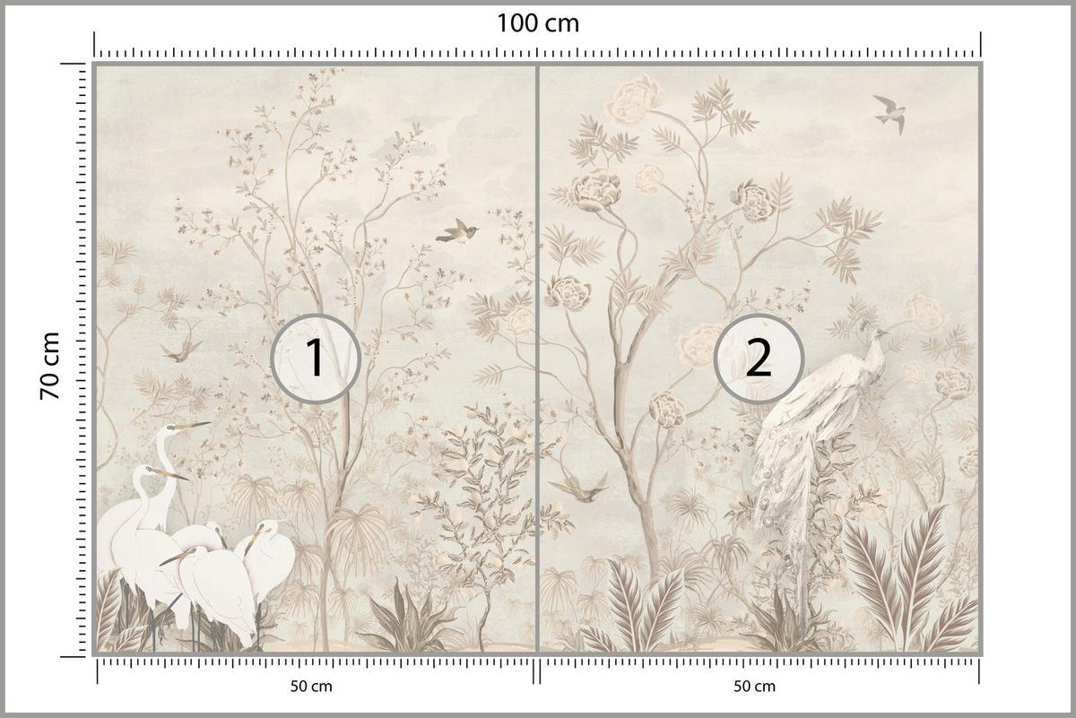 FOTOTAPETE für Esszimmer Weiße Vögel Bäumen Natur Kräne Blumen 100x70 - Beige, Papier (100/70cm) - Muralo
